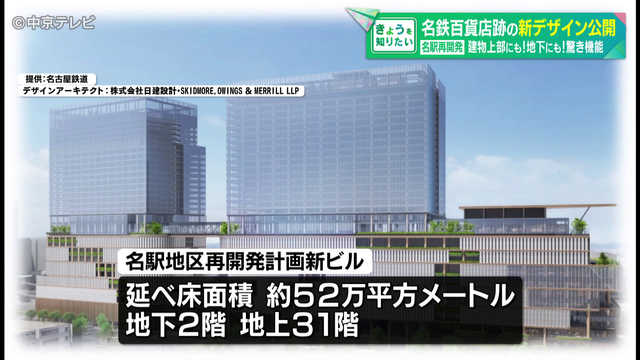 名古屋駅再開発 名鉄百貨店跡の新デザイン公開 建物上部にも!地下にも!驚き機能 2033年度に第1期の工事を完了、一部がオープン