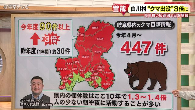 白川村ではクマ目撃が昨年度の情報３倍に　岐阜県内のクマは１０年で１.３～１.４倍に　クマへの警戒続く白川郷　５日にスペイン人観光客がけか