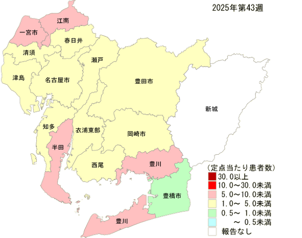【愛知県】インフルエンザ患者数が2.52倍に増加 定点当たり報告数3.64・患者数593人に<10月20日~26日の感染症情報>